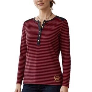 Vintage 90s Lauren Ralph Lauren Red Black Stripe Gold Crest Sweater Top Size L